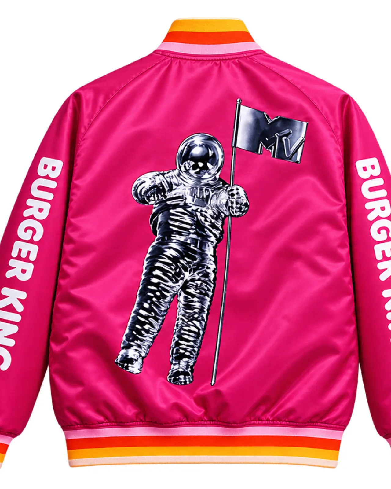 Custom pink satin bomber made for Burger King at the MTV VMAs