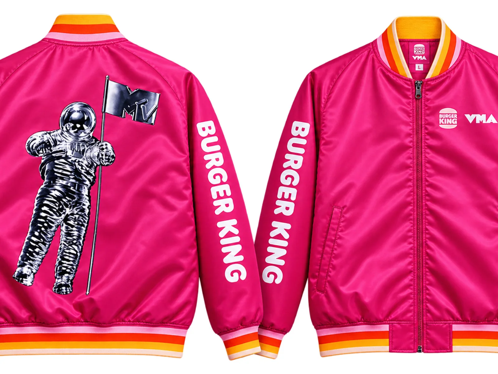 Pink satin bombers made for Burger King at the MTV VMAs