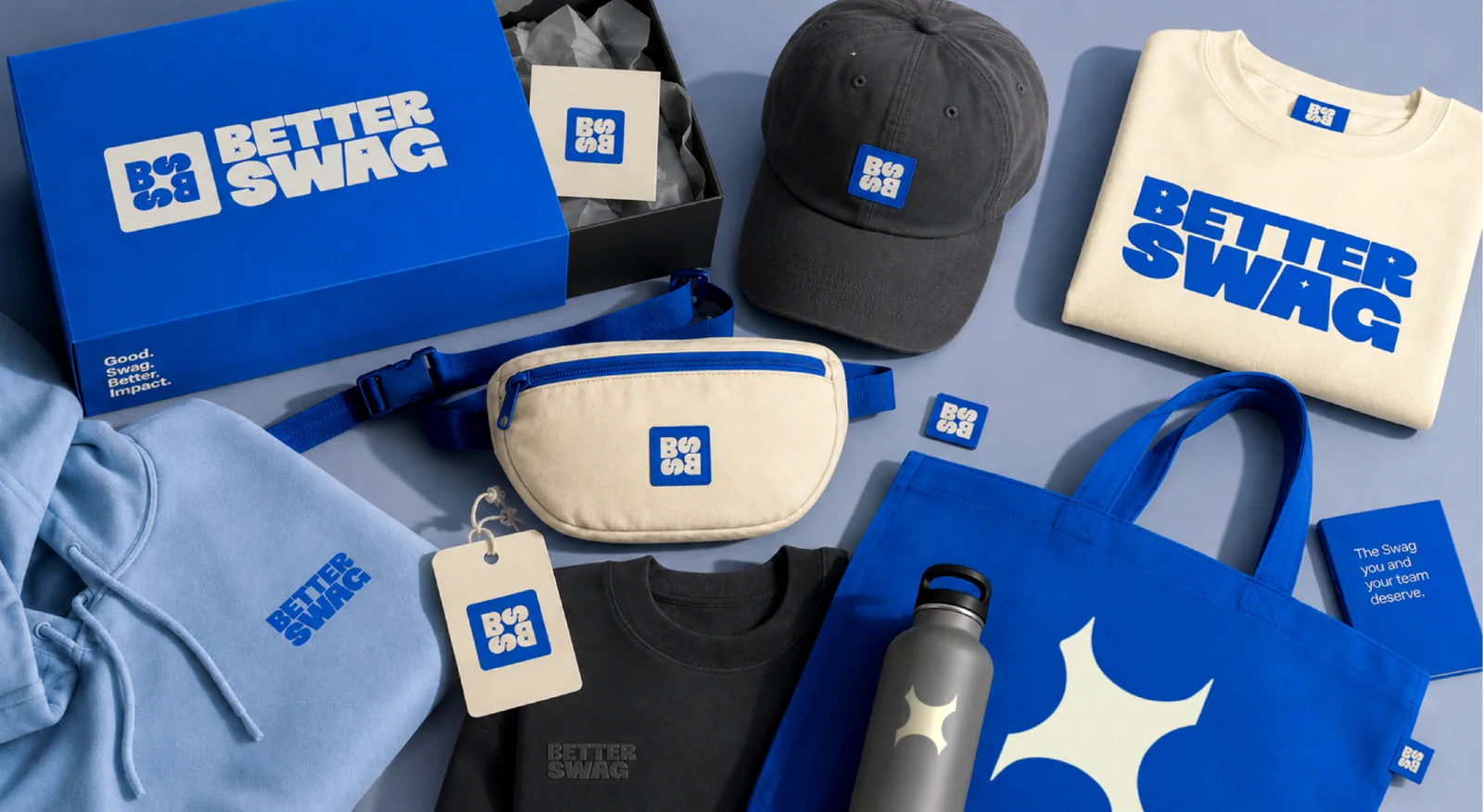 Better Swag cap, tee, fanny pack, bottle, and tote around a blue box