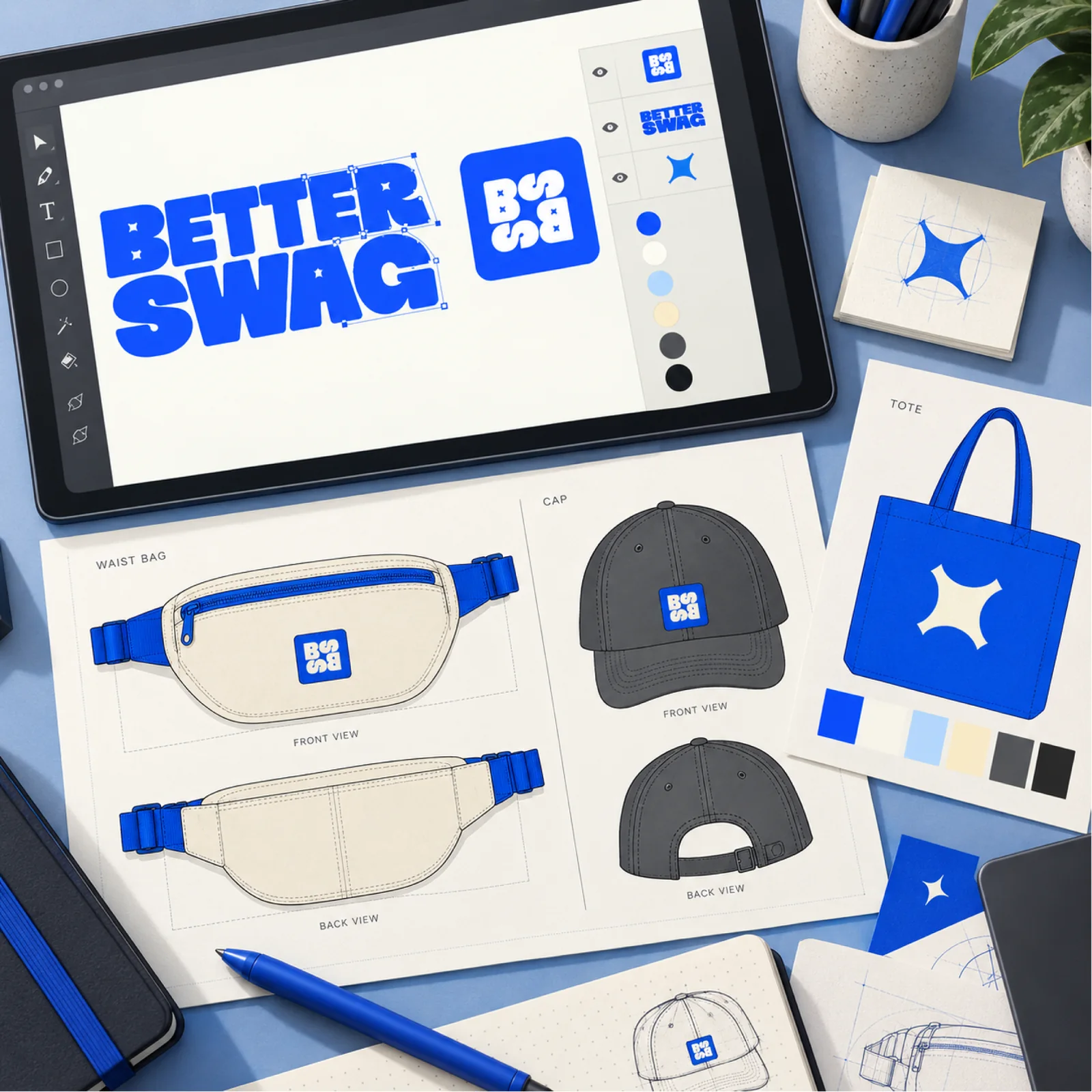 A Studio design on a tablet beside the fanny pack and cap it became, with sketches and swatches