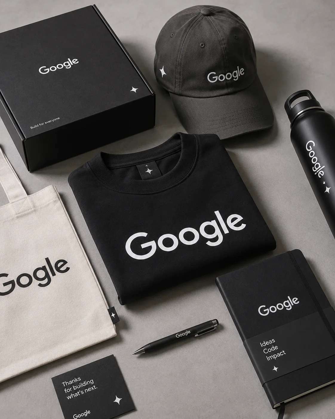 Google onboarding kit by Better Swag: black box, tee, cap, bottle, notebook, pen and tote laid out flat
