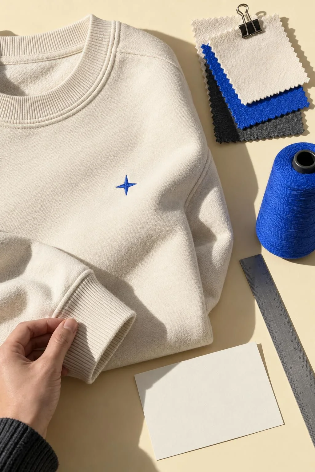 Sample approval: a finished crewneck beside its fabric swatches, thread, and ruler