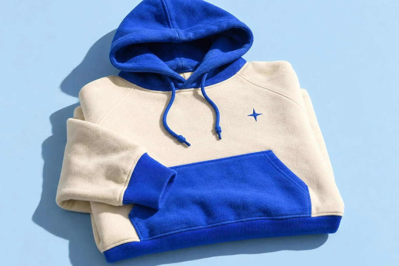 Colour-blocked heavyweight hoodie, cream body with a blue hood