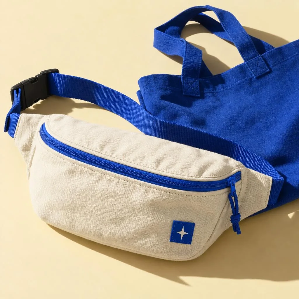 Cream canvas fanny pack with blue webbing and a matching tote