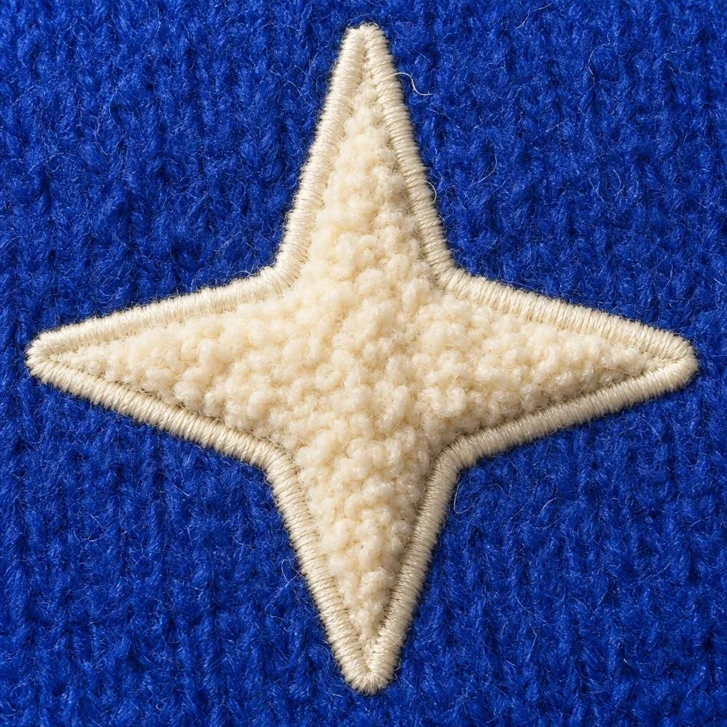 Macro of a cream chenille star patch on blue wool