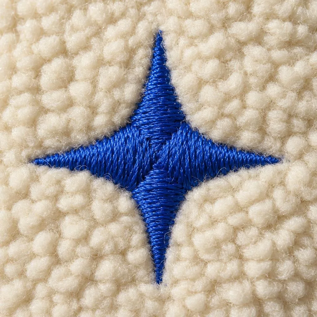Macro of blue satin-stitch star embroidery on cream fleece