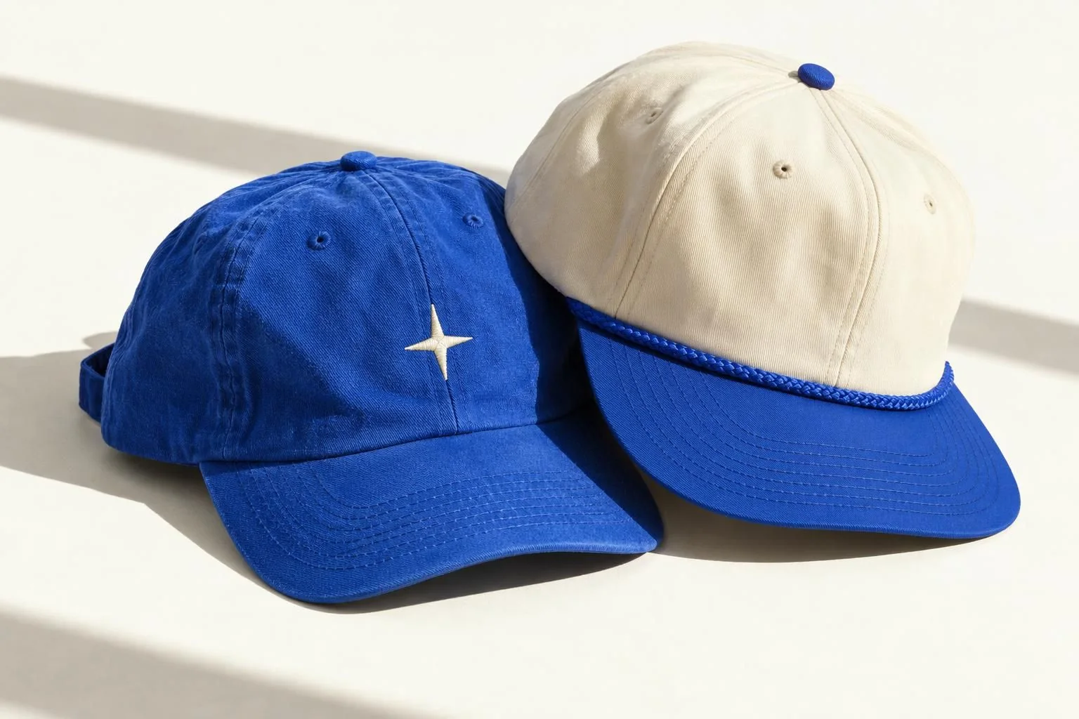 Two custom caps, blue with a cream star and cream with a blue rope brim