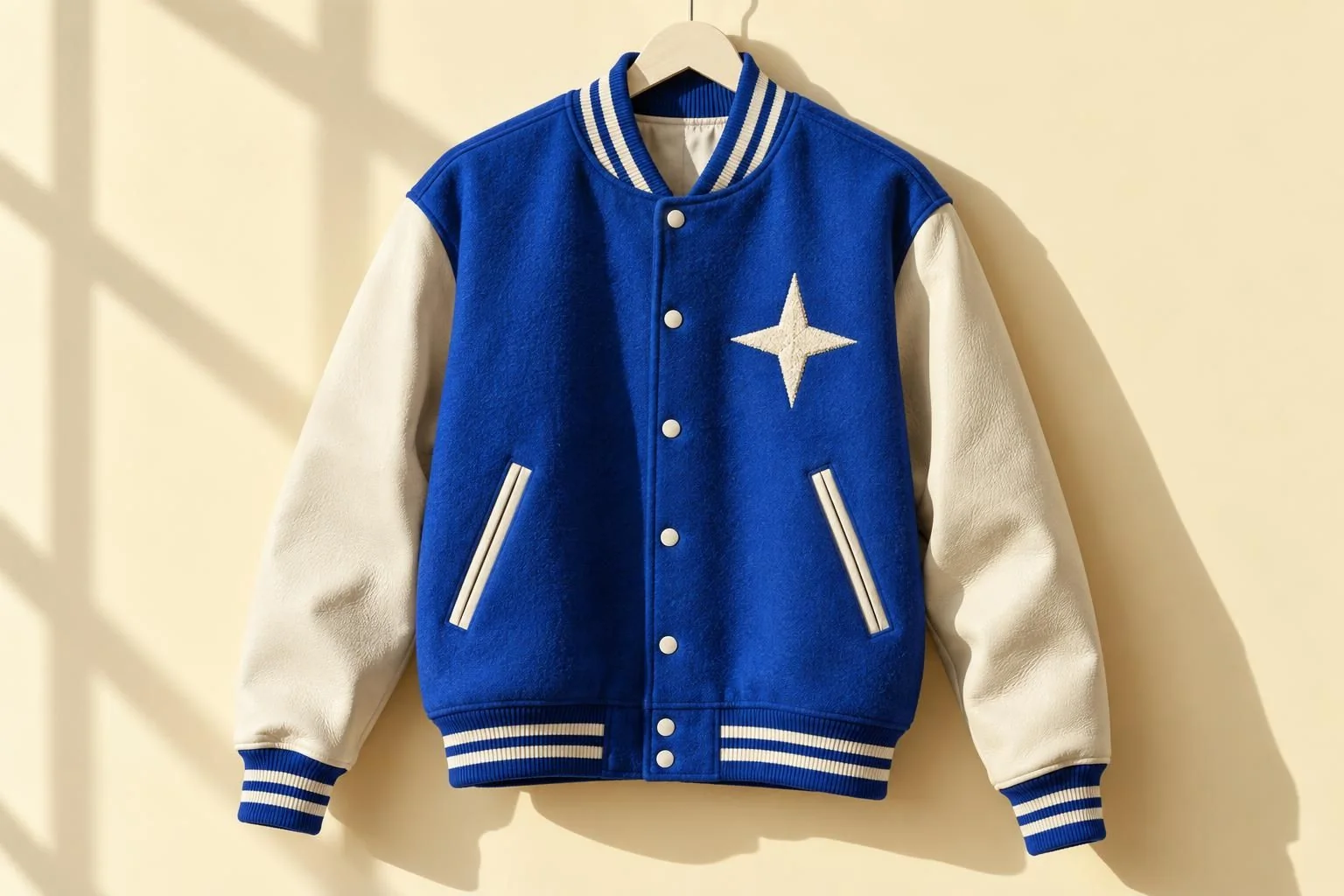 Custom colour-blocked varsity jacket with a chenille star, on a hanger