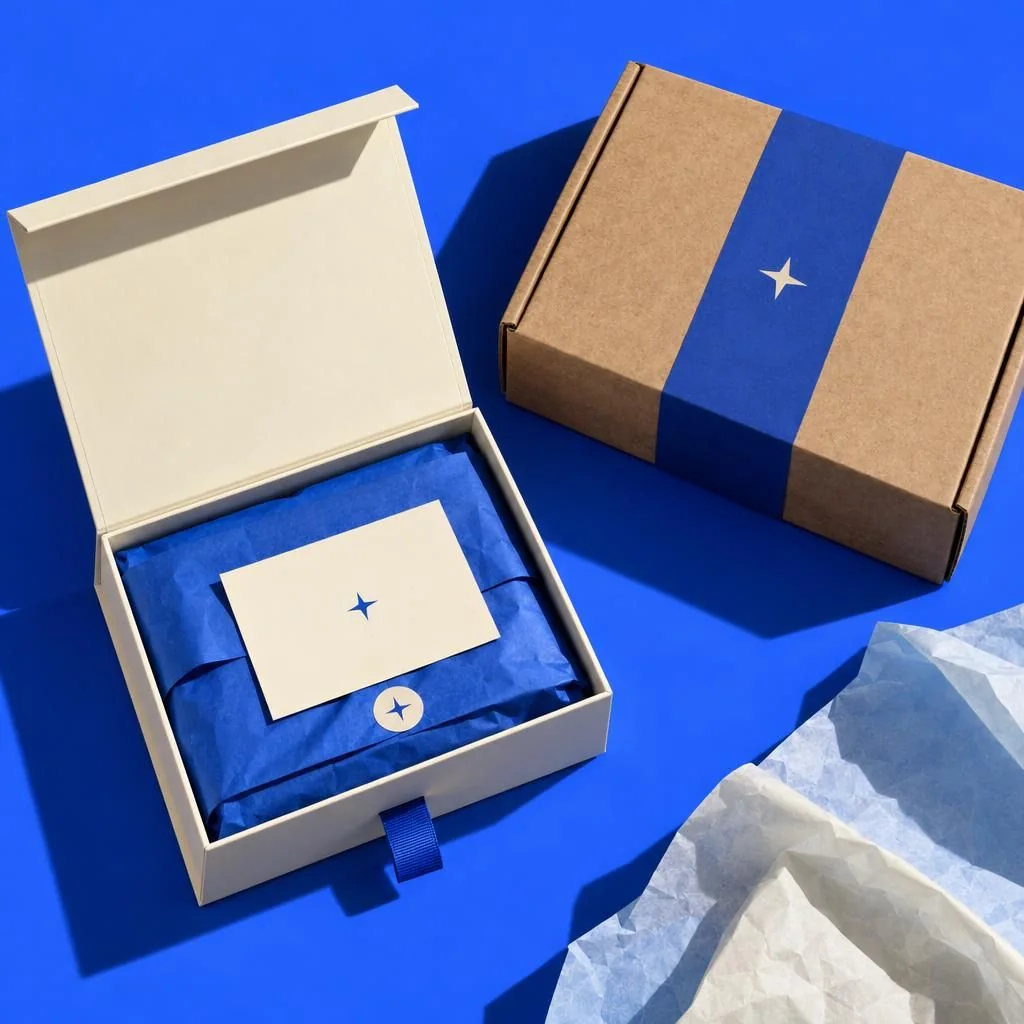 Cream rigid box with a blue ribbon pull tab beside a kraft mailer