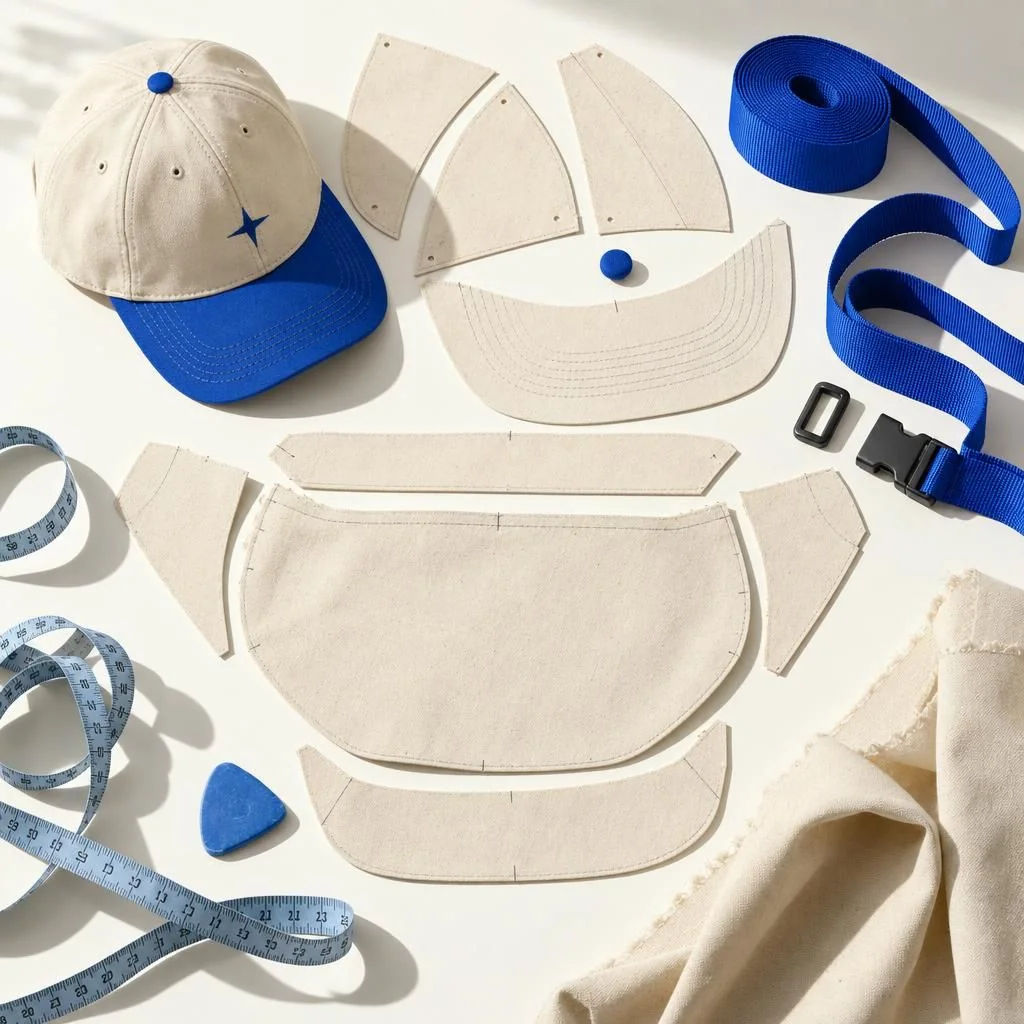 Paper pattern pieces for a cap and a fanny pack with canvas, webbing and chalk