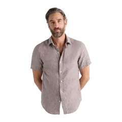 100% European Linen Relaxed Short Sleeve Shirt Taupe Brown Chambray