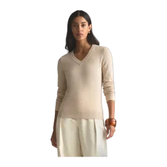 Lightweight Cotton Cashmere V-Neck Sweater Heather Oatmeal