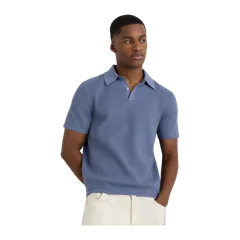 100% Organic Cotton Mesh-Stitch Sweater Polo Moonstone Blue