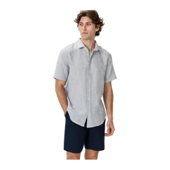 100% European Linen Relaxed Short Sleeve Shirt Blue Pinstripe