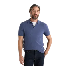 100% Mongolian Cashmere Short Sleeve Polo Sweater Heather Storm Blue