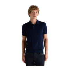 Cotton-Silk Ribbed Short Sleeve Sweater Polo Navy