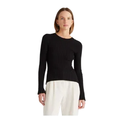Cotton Cashmere Ribbed Long Sleeve Sweater Black