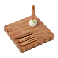 Square Scalloped Cheese Board with Cheese Markers, Small, Natural